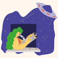 a Memphis style drawing of an abstract woman watching a UFO through a space telescope from a window vector color flat illustration