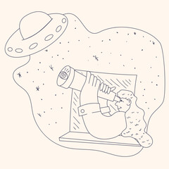 a Memphis style drawing of an abstract woman watching a UFO through a telescope from a window vector contour illustration