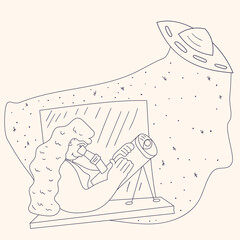 a Memphis style drawing of an abstract woman watching a UFO through a space telescope from a window vector contour illustration