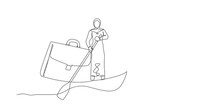 Animated self drawing of continuous line draw Arab businesswoman standing in boat sailing with briefcase. Success male manager on summer vacation. Escape from routine. Full length one line animation