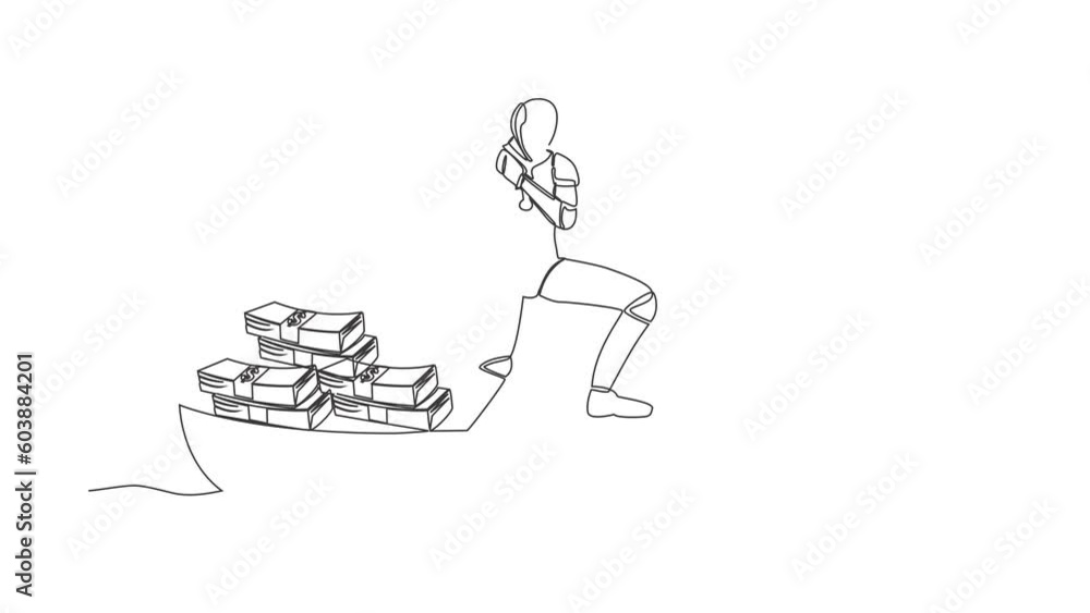 Poster self drawing animation of single one line draw robot sailing away on boat with pile of banknote. dig