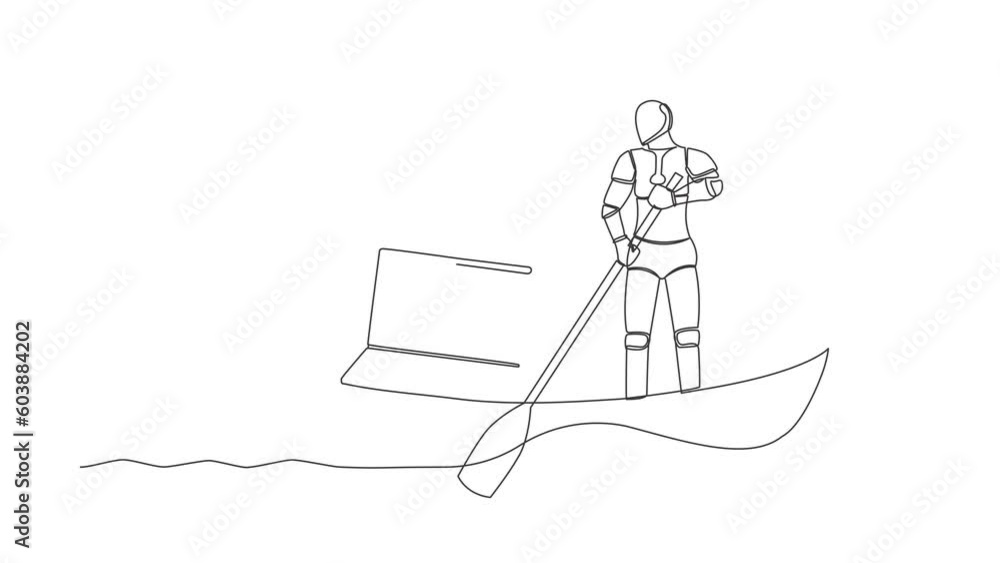 Poster self drawing animation of single line draw of robot sailing away on boat with laptop computer. freel
