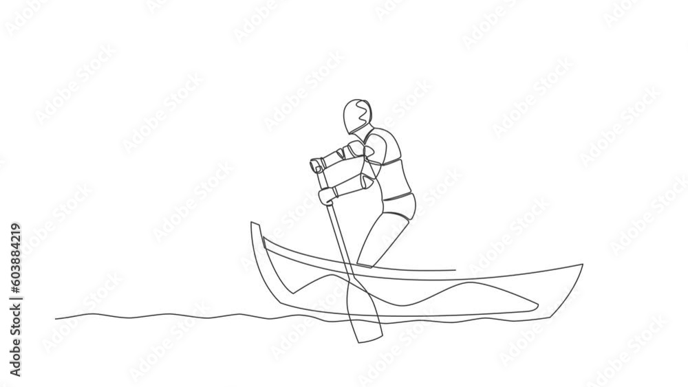 Poster animated self drawing of continuous line draw of robot sailing away on boat with pile of cardboard. 