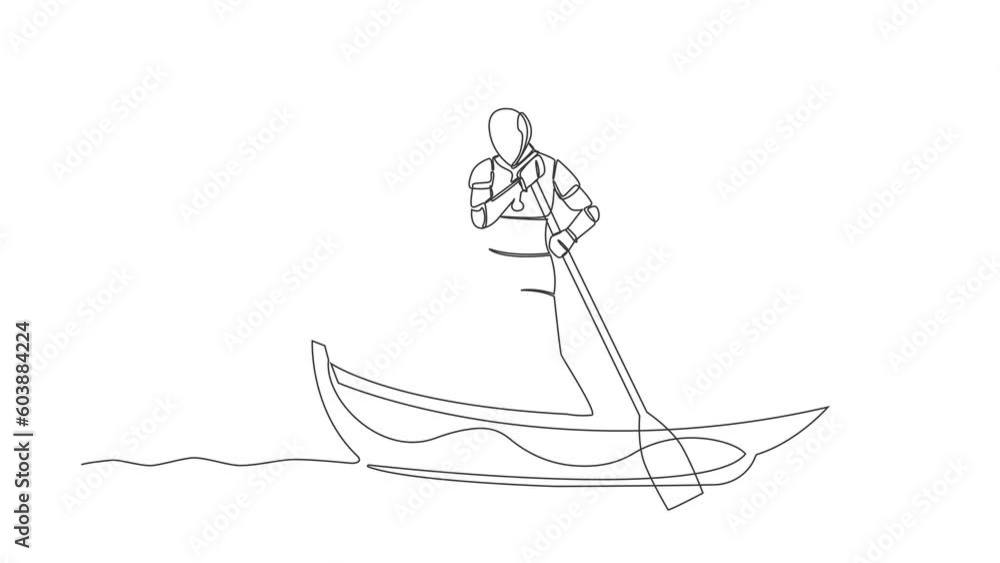 Poster animated self drawing of continuous line draw of robot sailing away on boat with bomb. closed factor