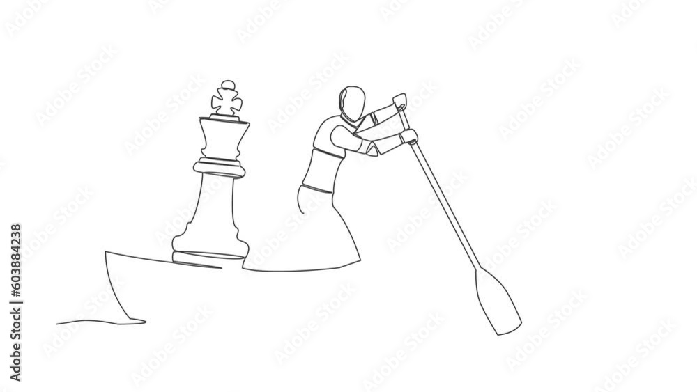 Poster animated self drawing of continuous line draw robot sailing away on boat with chess king piece. stra