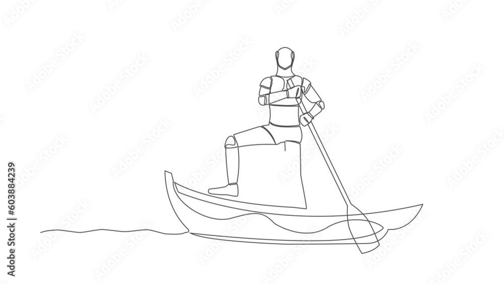 Poster self drawing animation of single line draw robot sailing away on boat with pile of books. education 