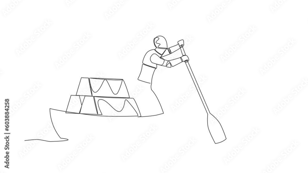 Poster animated self drawing of continuous line draw robot sailing away on boat with stack of golden bullio