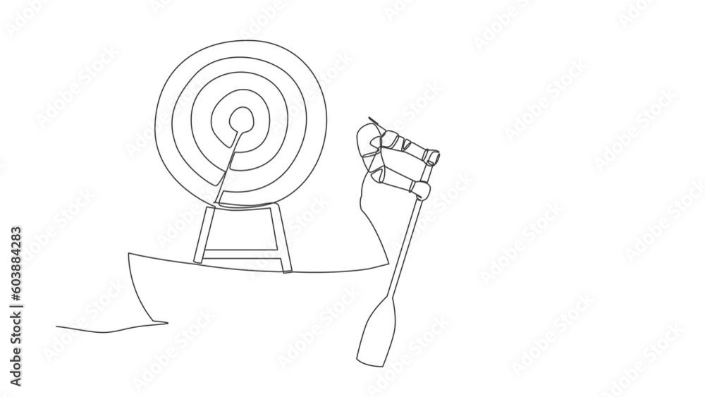 Poster self drawing animation of single line draw standing smart robot in boat sailing with arrow target bo