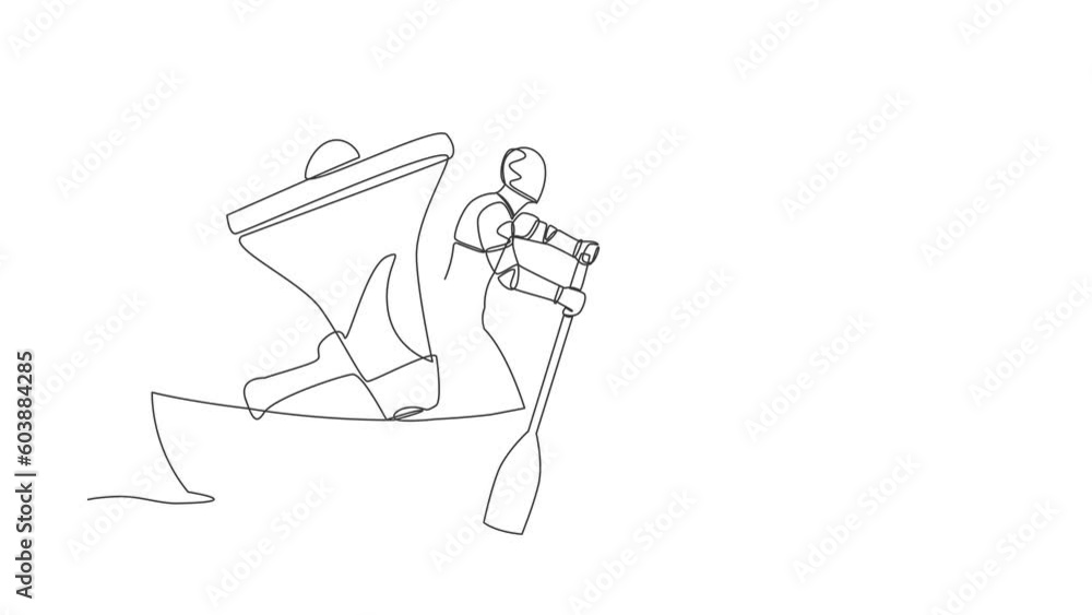 Poster animated self drawing of continuous line draw genius robot standing in boat sailing with super megap