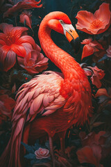A painting of a flamingo with flowers in the background - created with Generative AI technology