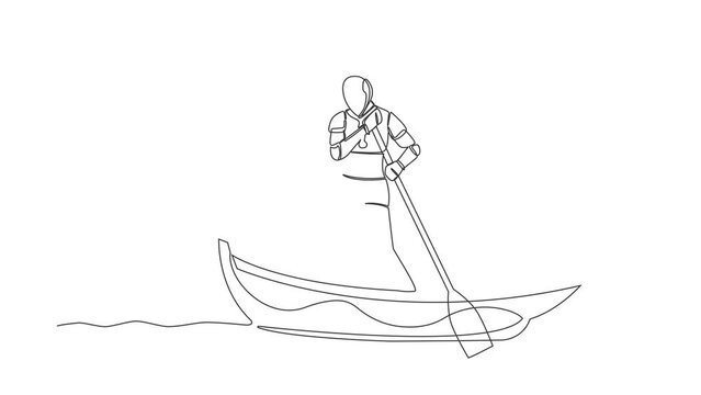 Animated self drawing of continuous line draw of robot sailing away on boat with bomb. Closed factory due to exploding financial crisis. Humanoid cybernetic organism. Full length single line animation