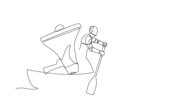 Animated self drawing of continuous line draw genius robot standing in boat sailing with super megaphone. Humanoid shout, motivating team to move forward for success. Full length single line animation