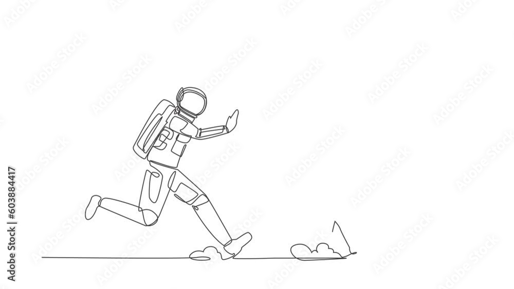 Poster self drawing animation of single line draw astronaut chasing hourglass in moon surface. time managem