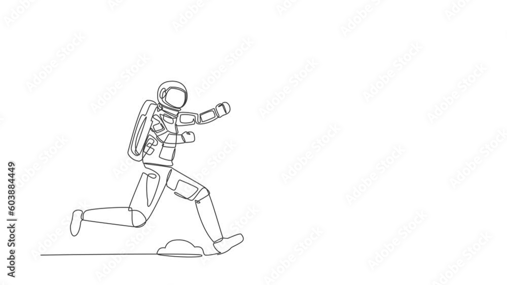 Poster animated self drawing of continuous line draw of astronaut run chasing textbook for learning in moon