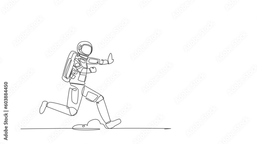 Poster animated self drawing of continuous line draw of astronaut chasing clipboard in moon surface. spaces