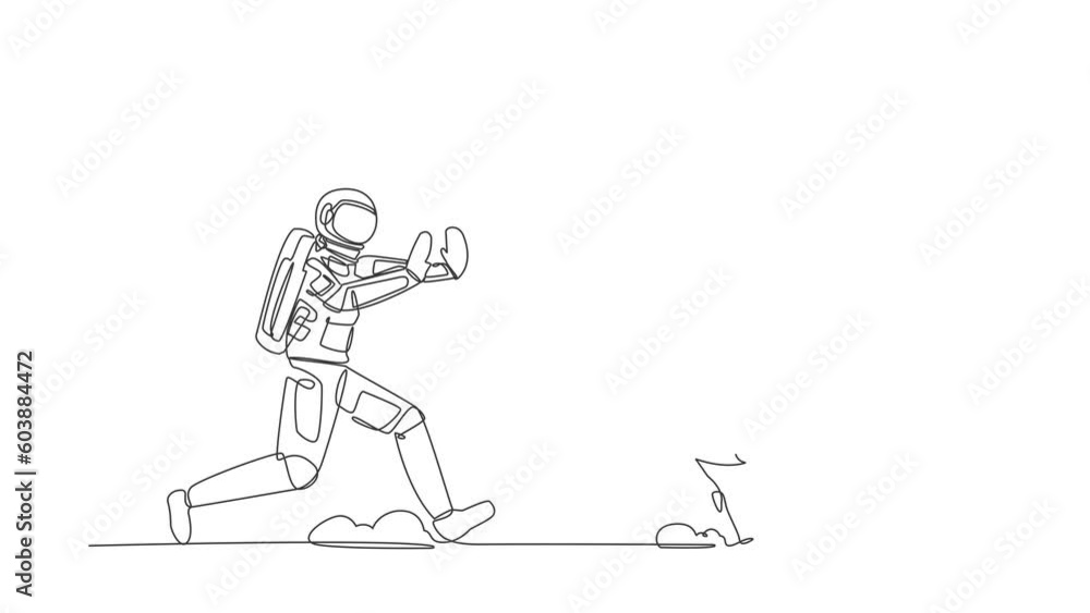Poster animated self drawing of continuous line draw astronaut chase dollar coin in moon surface. explorati