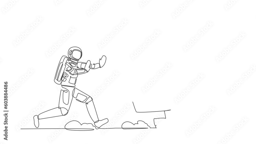 Poster self drawing animation of single line draw of astronaut chasing laptop computer in moon surface. spa