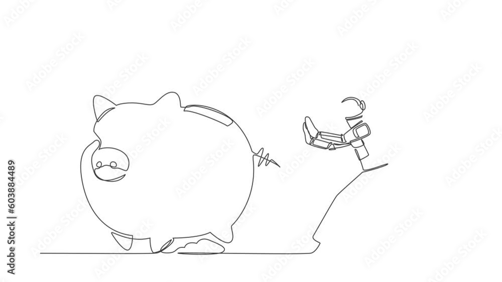 Poster self drawing animation of single line draw astronaut chase piggy bank in moon surface. savings for i