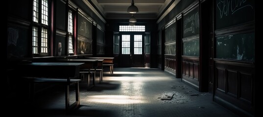 Empty abandoned school corridor background. Generative AI technology.