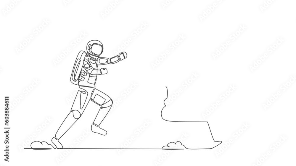 Poster animated self drawing of continuous line draw of astronaut run chasing hamburger in moon surface. fo
