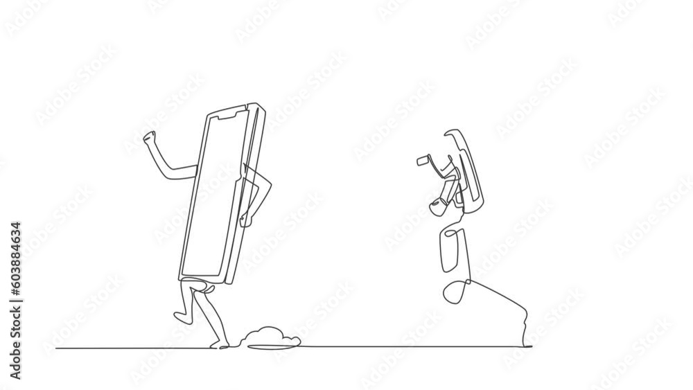 Poster animated self drawing of continuous line draw astronaut run chasing smartphone in moon surface. comm