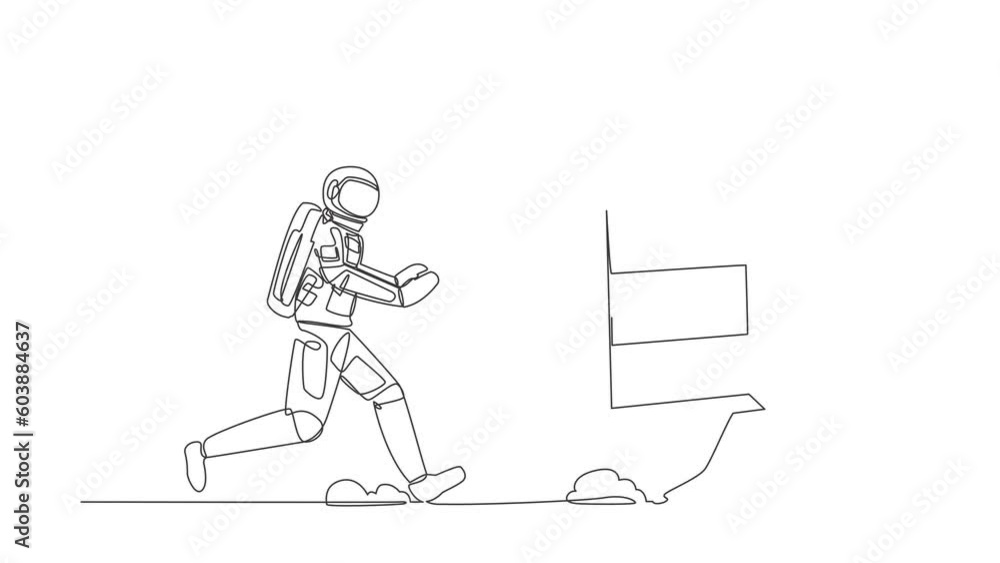 Poster animated self drawing of continuous line draw young astronaut run chasing safe deposit box in moon s