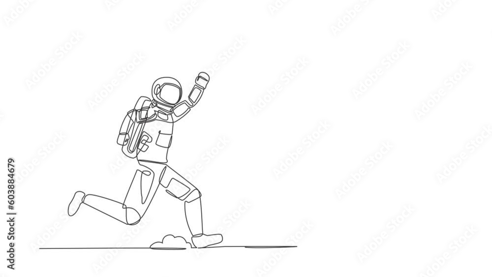 Poster self drawing animation of single line draw young astronaut chasing calendar in moon surface. spacecr