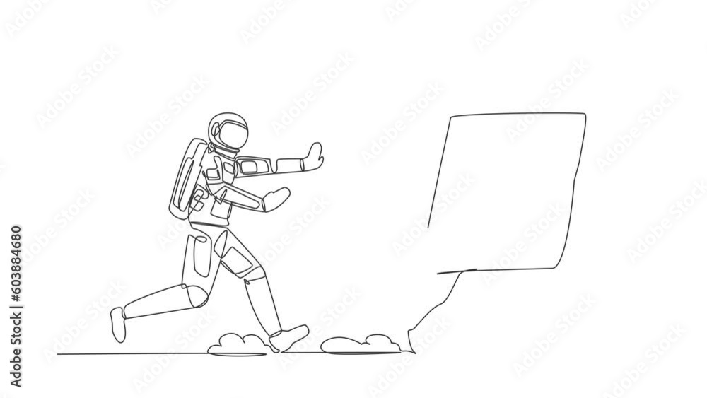 Poster self drawing animation of single line draw astronaut chasing calculator in moon surface. calculation