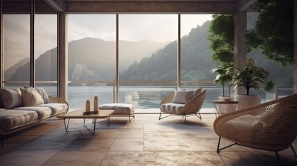 modern and comfortable home outdoor relaxation area or restaurant seating area with terrace	