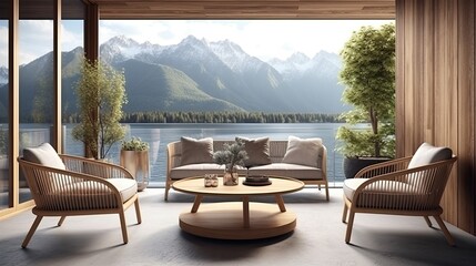 Fototapeta premium modern and comfortable home outdoor relaxation area or restaurant seating area with terrace 