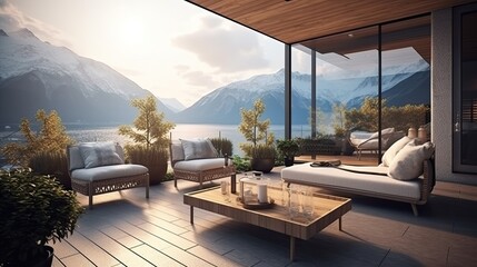 Fototapeta premium modern and comfortable home outdoor relaxation area or restaurant seating area with terrace 