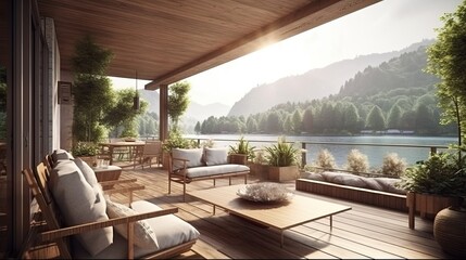 Obraz premium modern and comfortable home outdoor relaxation area or restaurant seating area with terrace 