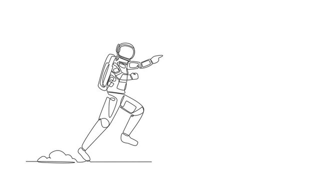 Animated self drawing of continuous line draw astronaut run chasing paper cup in moon surface. Recycling waste treatment in outer space. Cosmic galaxy space concept. Full length one line animation