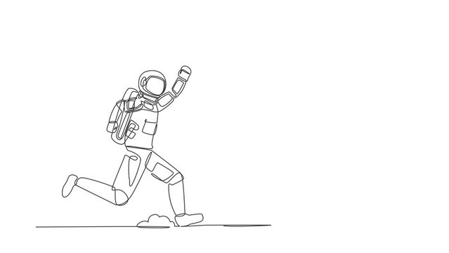 Self drawing animation of single line draw young astronaut chasing calendar in moon surface. Spacecraft launch schedule planning. Cosmonaut deep space concept. Continuous line. Full length animated