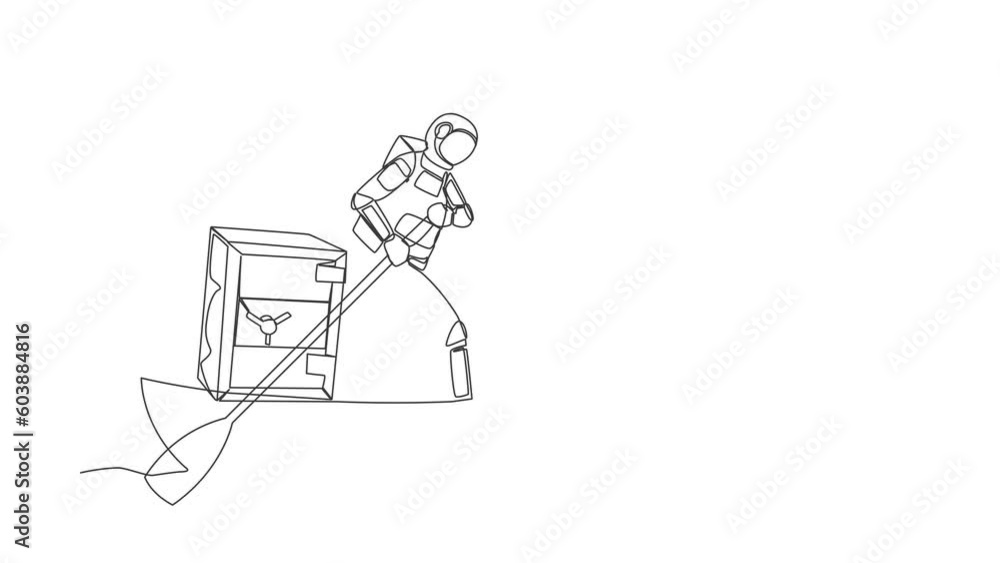 Poster animated self drawing of continuous line draw astronaut sailing away on boat with safe deposit box. 