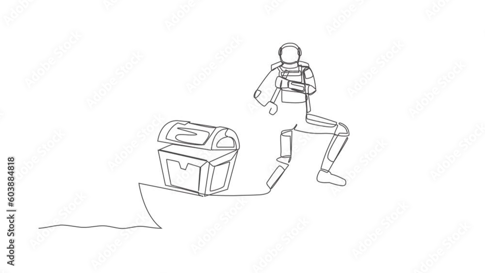 Poster animated self drawing of continuous line draw astronaut sailing away on boat with treasure chest. mo