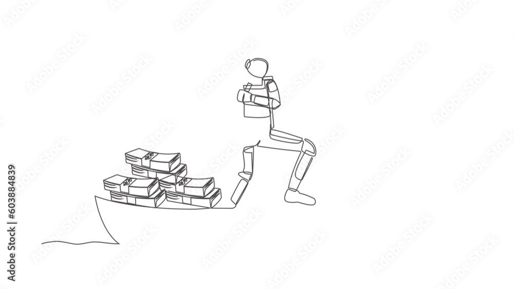 Poster self drawing animation of single one line draw astronaut sailing away on boat with pile of banknote.