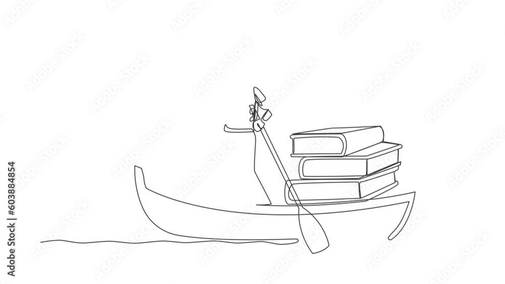 Aufkleber animated self drawing of continuous line draw astronaut sailing away on boat with pile of books. hig