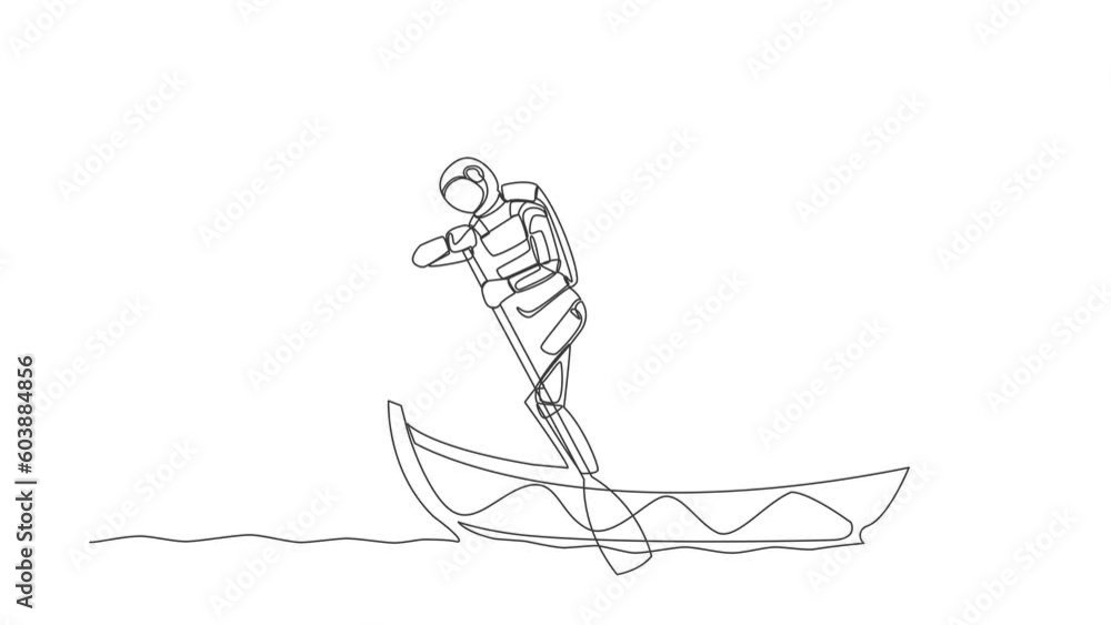 Poster animated self drawing of single continuous line draw astronaut sailing away on boat with laptop. hig