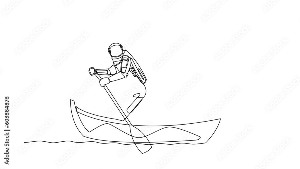 Poster animated self drawing of continuous line draw astronaut sailing away on boat with pile of cardboard.