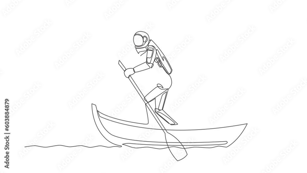 Poster animated self drawing of continuous line draw astronaut sailing away on boat with bomb. termination 