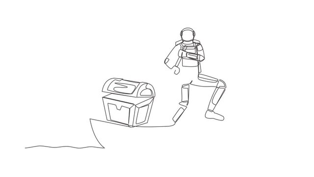 Animated self drawing of continuous line draw astronaut sailing away on boat with treasure chest. Money laundering in shuttle launch mission. Cosmonaut outer space. Full length single line animation