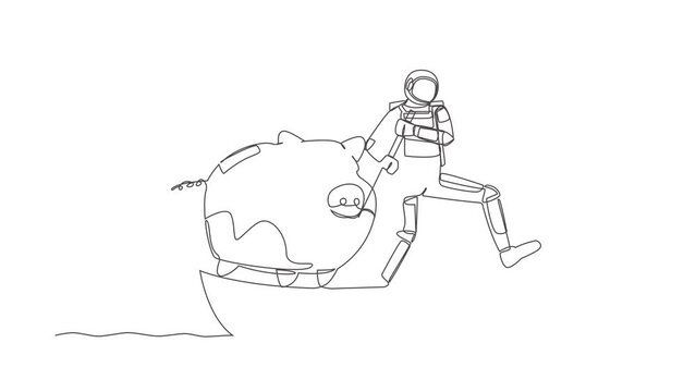 Animated self drawing of continuous line draw astronaut sailing away on boat with piggy bank. Save money on shuttle company due to crisis. Cosmonaut deep space concept. Full length one line animation