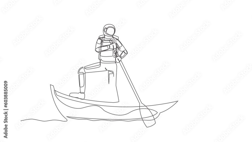 Poster self drawing animation of single line draw of astronaut sailing away on boat with pile of dollar coi