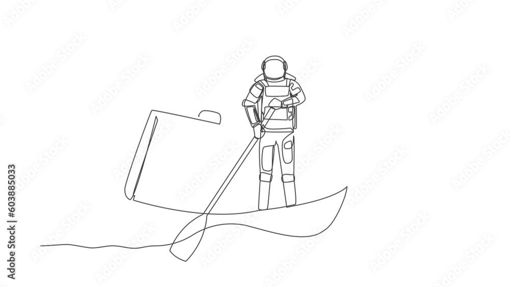 Poster animated self drawing of continuous line draw young astronaut sailing away on boat with briefcase. s