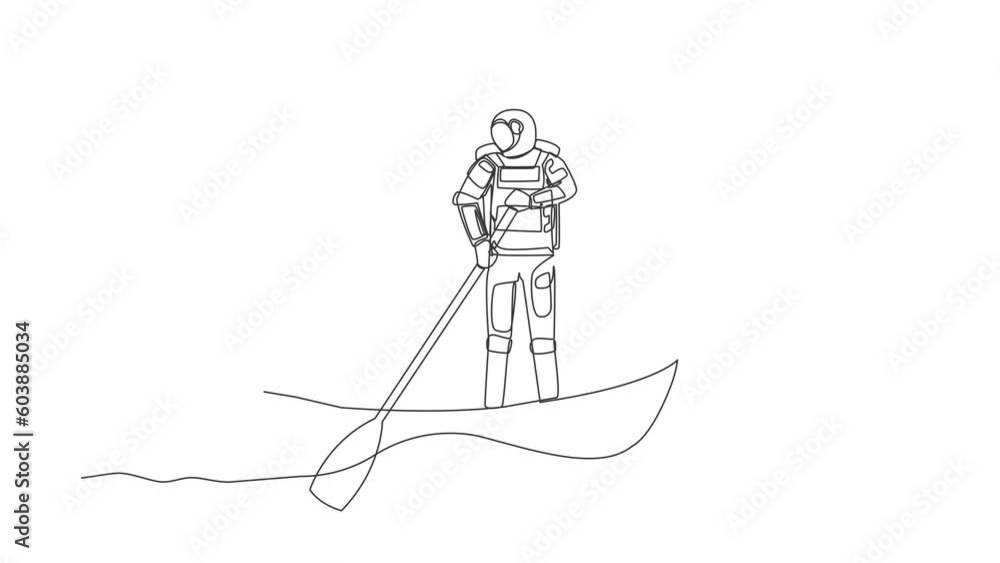 Poster animated self drawing of continuous line draw astronaut sailing away on boat with clipboard. documen