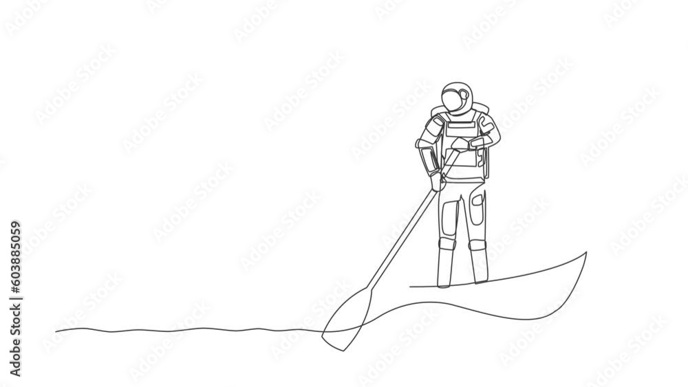 Poster self drawing animation of single line draw astronaut sailing away on boat with light bulb. vision an
