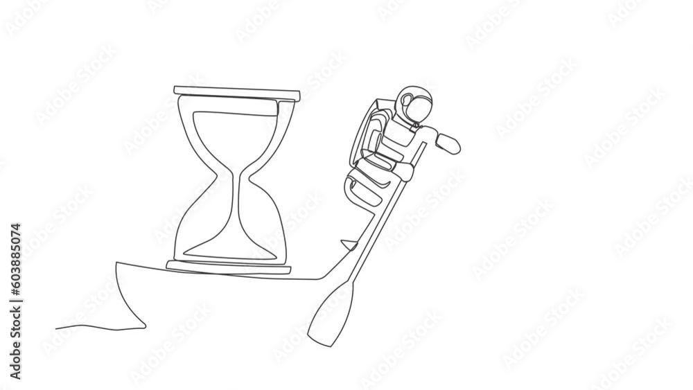 Poster animated self drawing of continuous line draw astronaut sailing away on boat with hourglass. mission