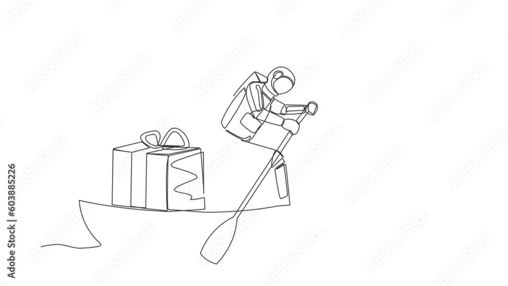 Poster animated self drawing of continuous line draw astronaut sailing away on boat with gift box. prizes f