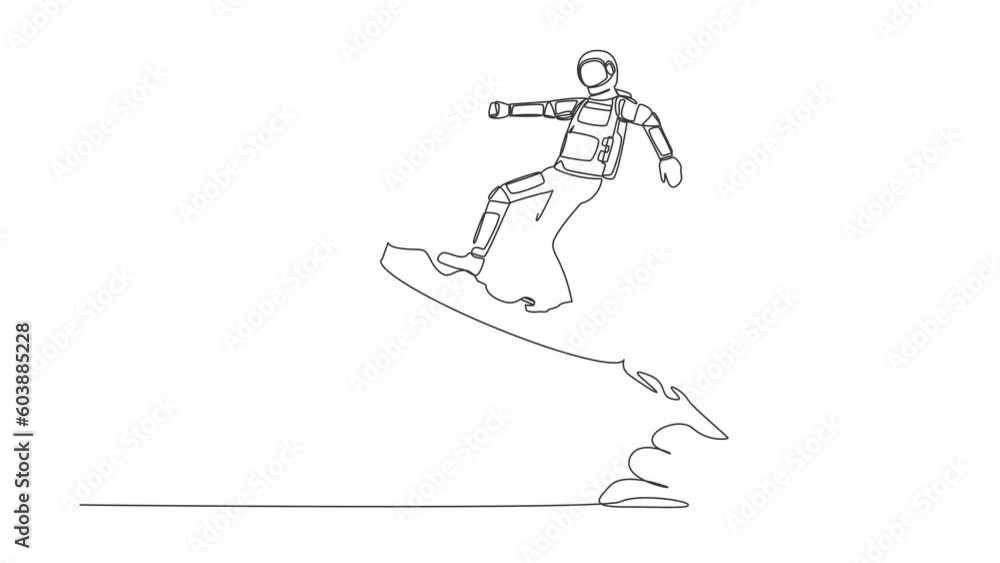 Poster animated self drawing of continuous one line draw astronaut riding coin rocket flying in moon surfac